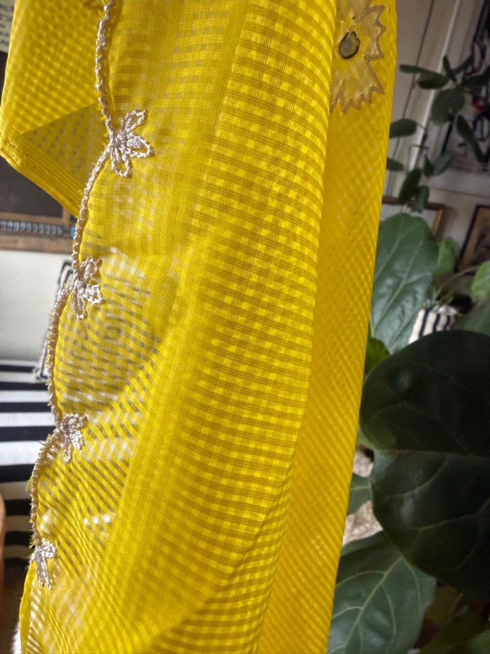 Bright Yellow Sheer Fabric Panel table cloth Indian embroidered wrap 40x94”